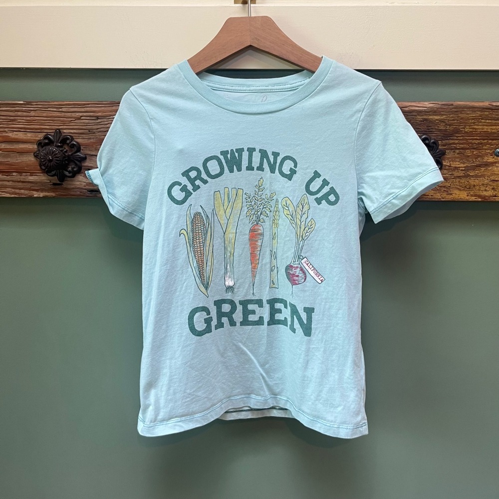 Peek Kids Growing Up Green Vegetable Graphic Tee Light Aqua Mint Blue Size S 6/7